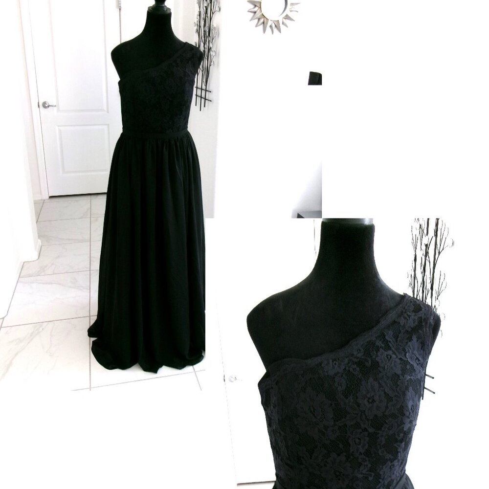New Black One Shoulder Chiffon Gown Formal Dress M 6 S 4 Lace Top Formal